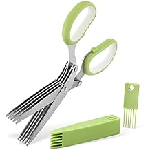 Gourmet Herb Scissors Set Multipurpose Cutting Shears with Stainless Steel 5 Blades, Herb Stripper, Safety Cover Cleaning Comb for Cutting Cilantro Onion Salad (Green)