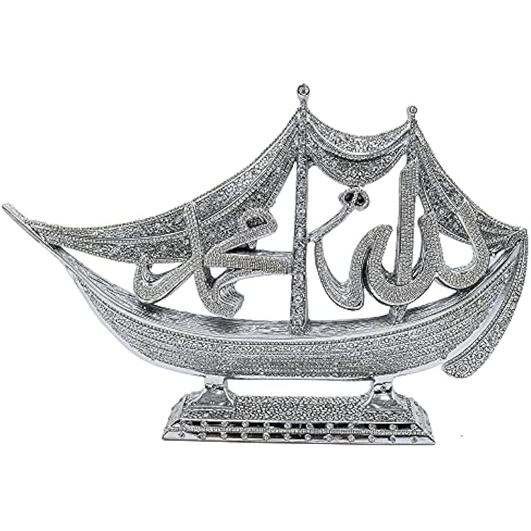 Modefa Turkish Islamic Table Decor - Unique Sailboat Shaped Showpiece Sculpture - Ramadan Eid & Special Occasion Gift - Allah & Muhammad in Intricate Arabic Calligraphy Silver