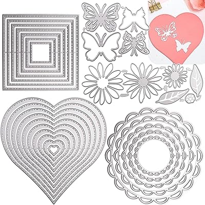Daily Treasures 5 Set Cutting Dies Stencil, 32Pcs Metal Template Moulds Multi-Shape DIY Craft Embossing Tools for Album Scrapbooking Art & Mothers Day Card MakingHeartSquareRoundButterflyFlower